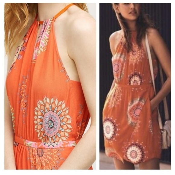 Floreat Anthropologie Livia Bright Orange Mandala Print Halter Keyhole Dress 12P - Picture 9 of 17